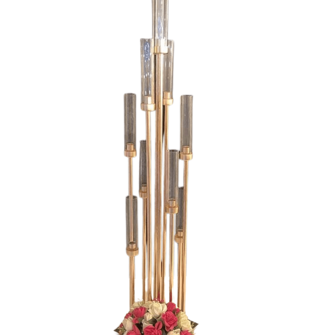 Gold Candlestick Stand 8 Arms, option to add flowers at additional cost